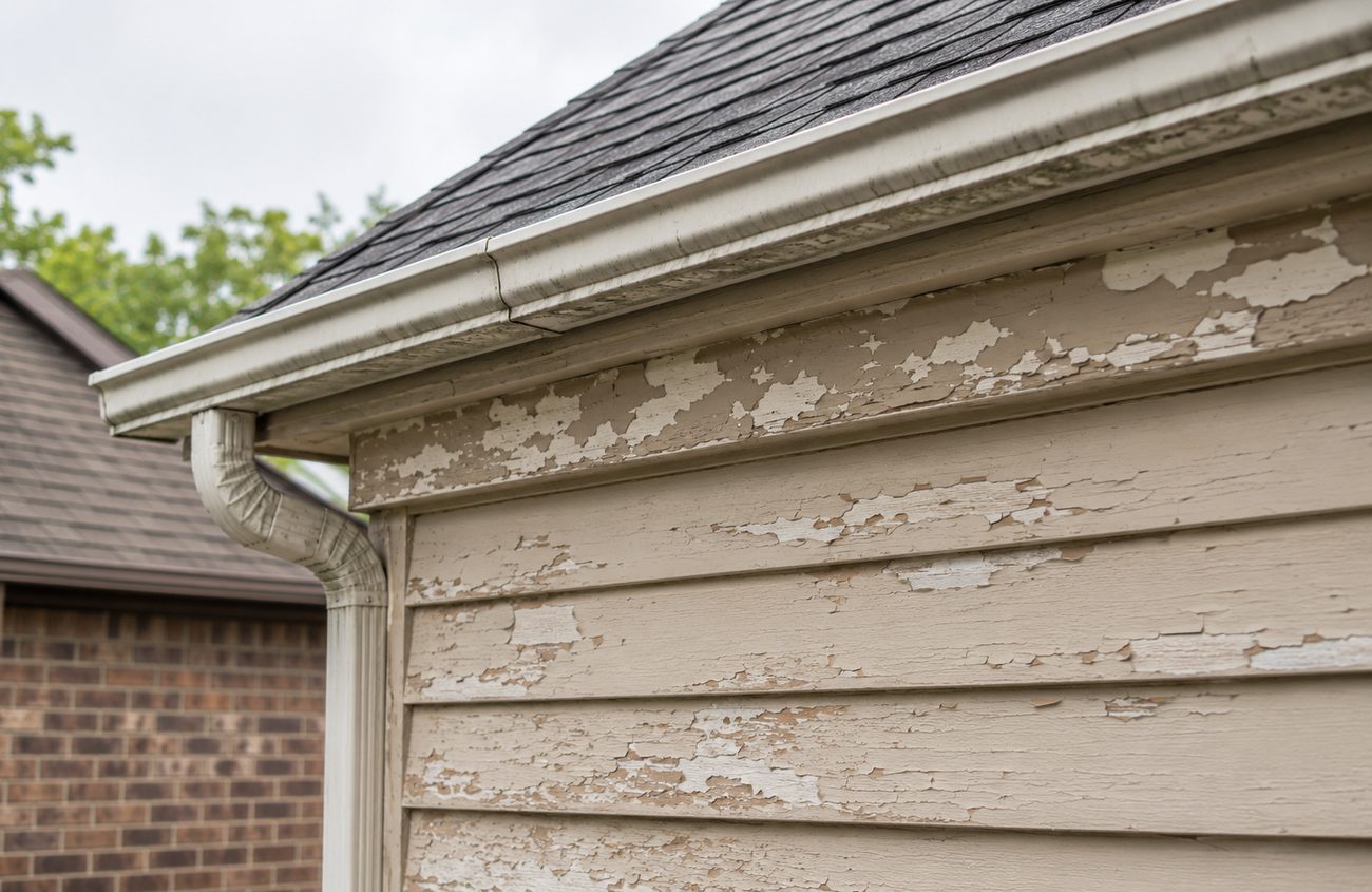 Peeling exterior siding paint from water damage