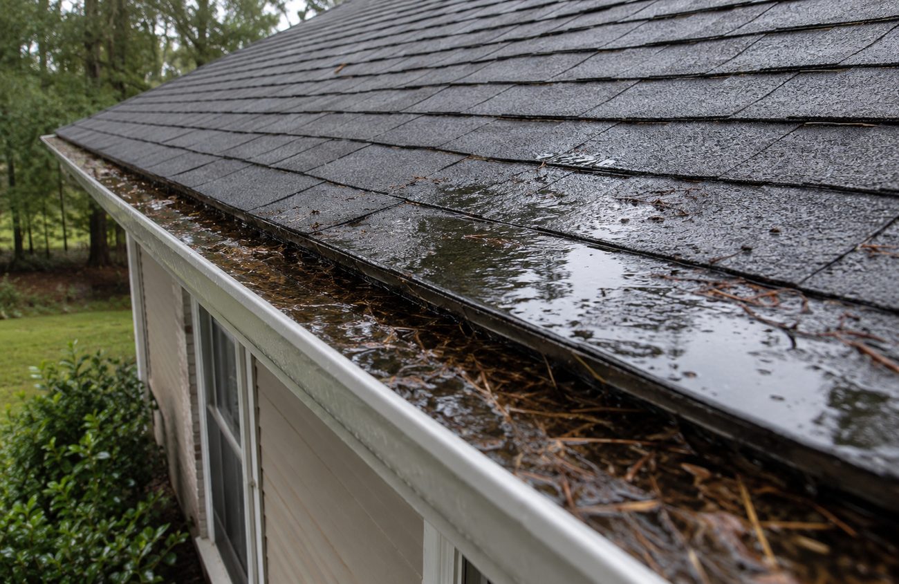 Rainwater pooling on the roof near the gutters